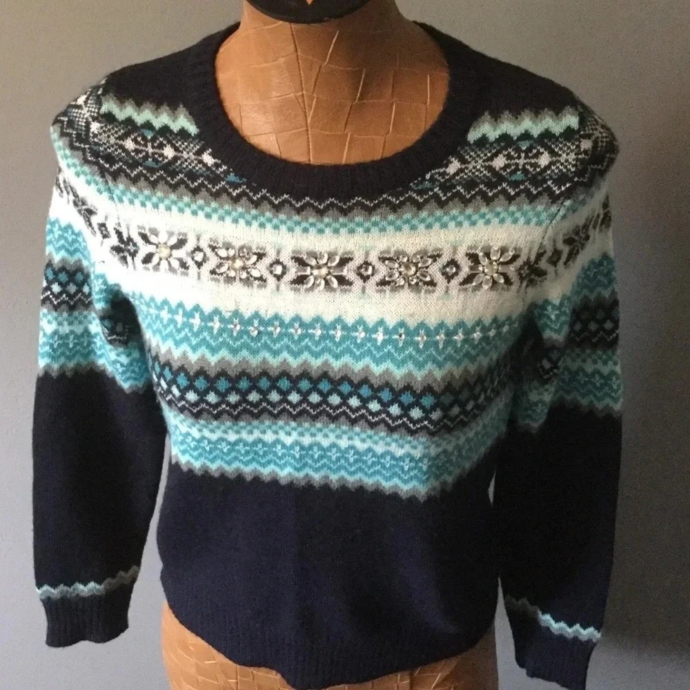 The Limited Navy Teal Fair Isle Rhinestone Embellished Sweater Small